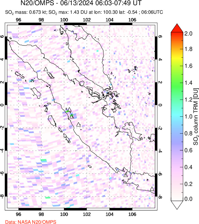 A sulfur dioxide image over Sumatra, Indonesia on Jun 13, 2024.