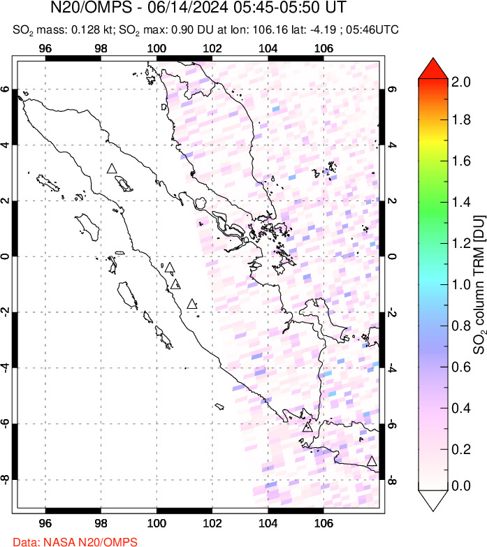 A sulfur dioxide image over Sumatra, Indonesia on Jun 14, 2024.