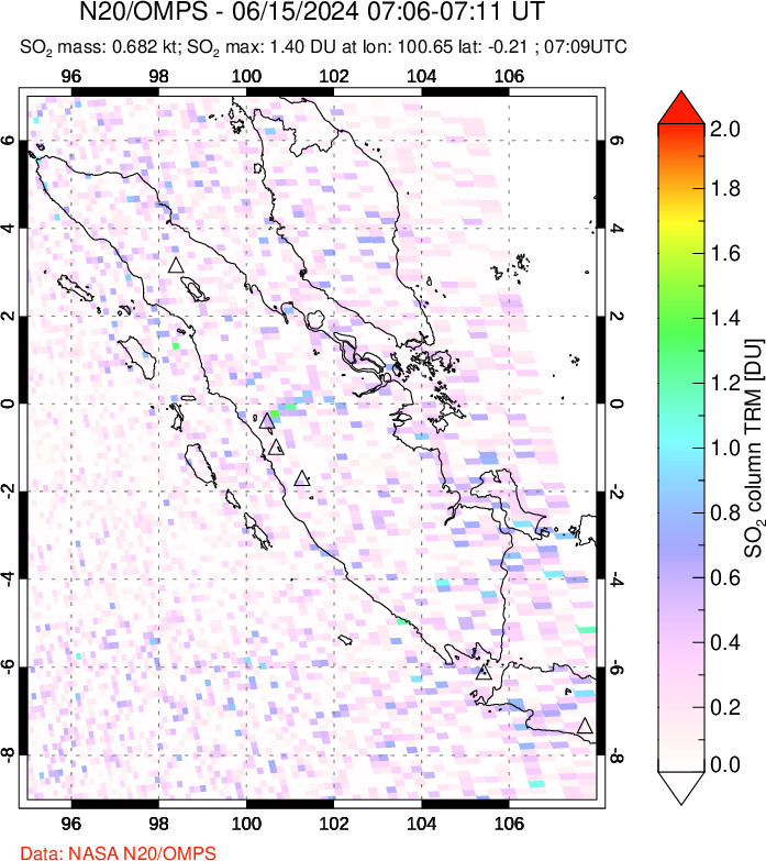 A sulfur dioxide image over Sumatra, Indonesia on Jun 15, 2024.