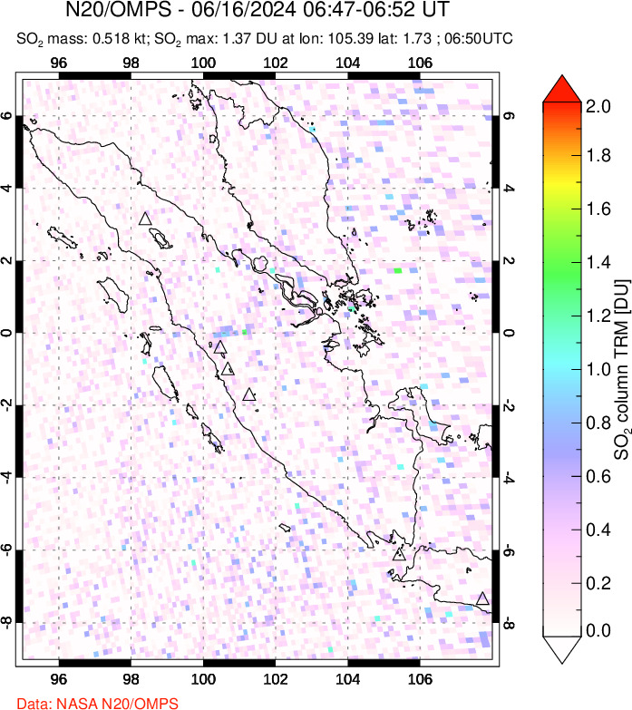 A sulfur dioxide image over Sumatra, Indonesia on Jun 16, 2024.