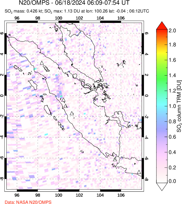 A sulfur dioxide image over Sumatra, Indonesia on Jun 18, 2024.