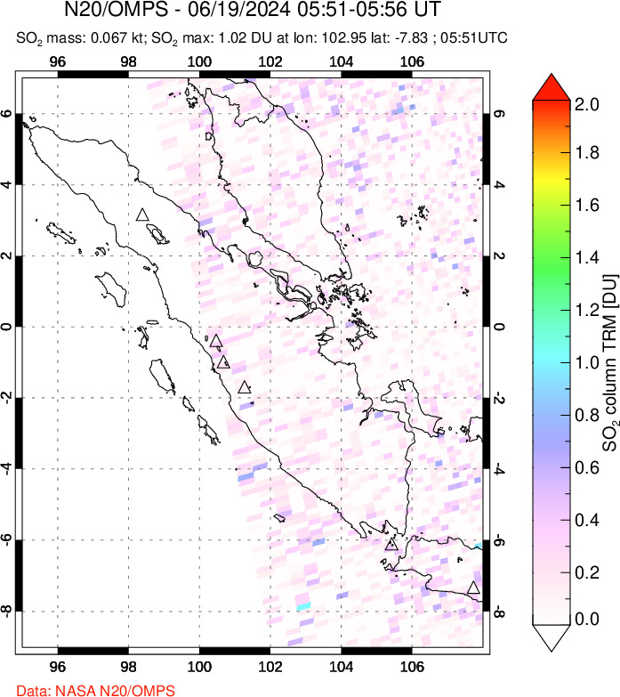 A sulfur dioxide image over Sumatra, Indonesia on Jun 19, 2024.