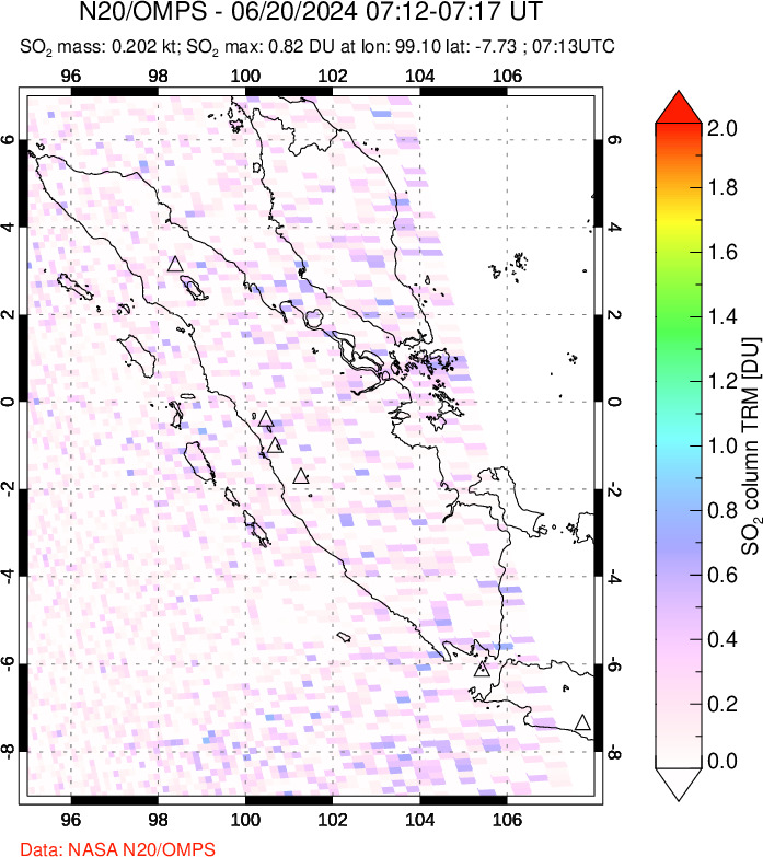 A sulfur dioxide image over Sumatra, Indonesia on Jun 20, 2024.