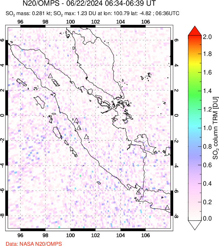 A sulfur dioxide image over Sumatra, Indonesia on Jun 22, 2024.