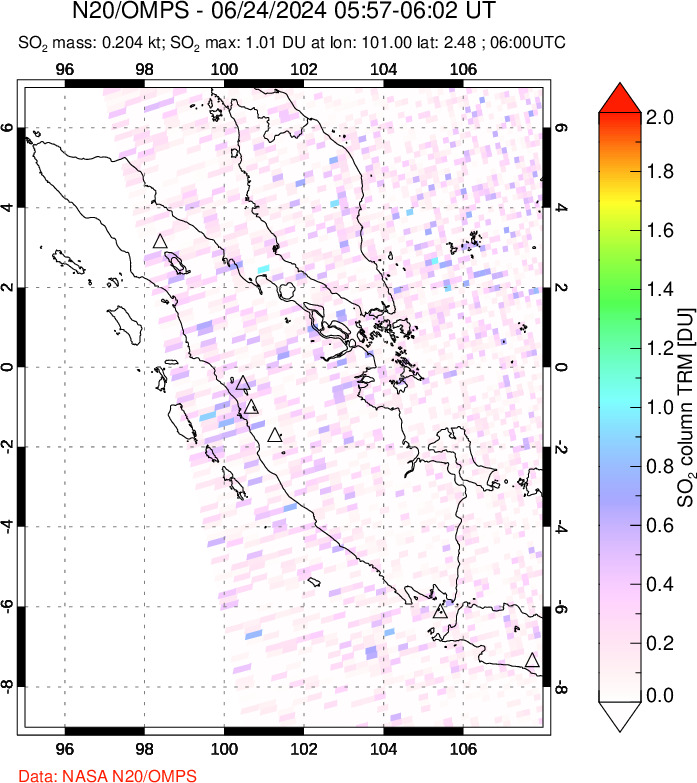 A sulfur dioxide image over Sumatra, Indonesia on Jun 24, 2024.