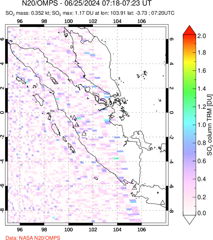 A sulfur dioxide image over Sumatra, Indonesia on Jun 25, 2024.