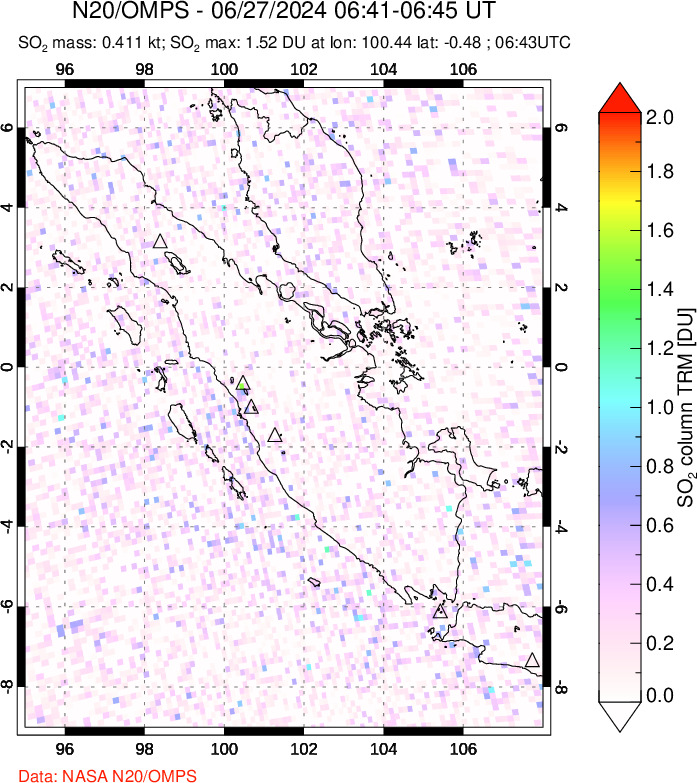 A sulfur dioxide image over Sumatra, Indonesia on Jun 27, 2024.