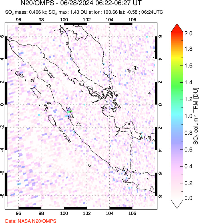 A sulfur dioxide image over Sumatra, Indonesia on Jun 28, 2024.