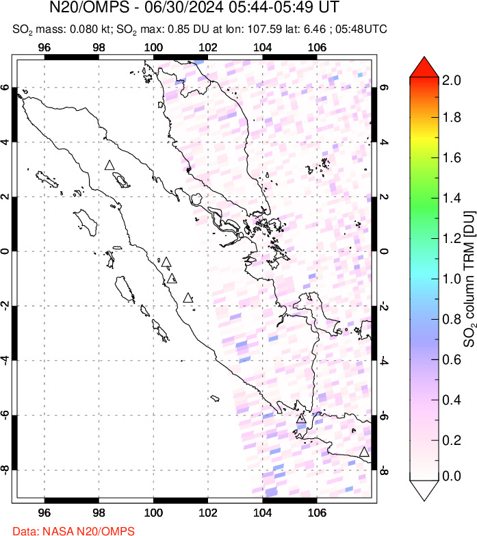 A sulfur dioxide image over Sumatra, Indonesia on Jun 30, 2024.