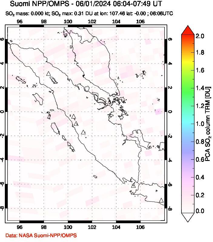 A sulfur dioxide image over Sumatra, Indonesia on Jun 01, 2024.