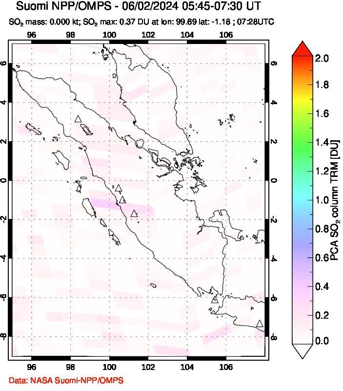 A sulfur dioxide image over Sumatra, Indonesia on Jun 02, 2024.