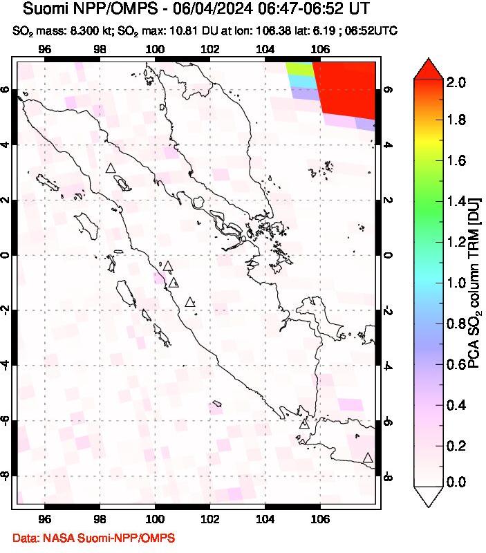 A sulfur dioxide image over Sumatra, Indonesia on Jun 04, 2024.