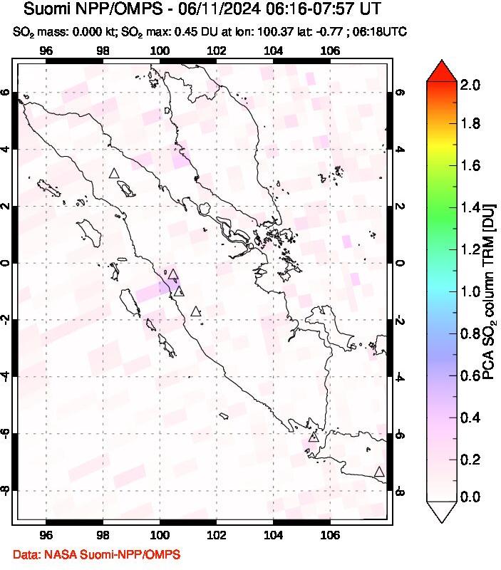 A sulfur dioxide image over Sumatra, Indonesia on Jun 11, 2024.