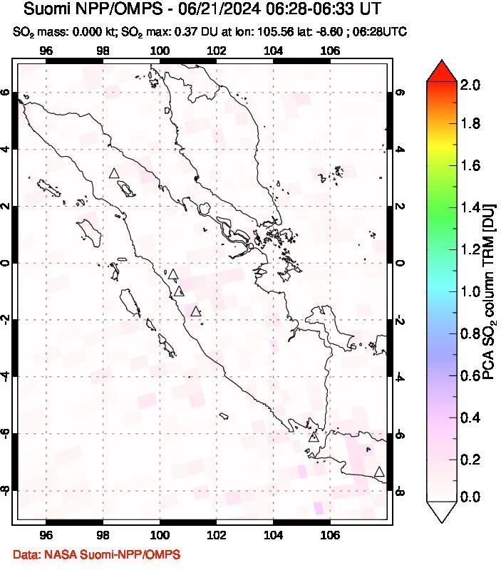 A sulfur dioxide image over Sumatra, Indonesia on Jun 21, 2024.