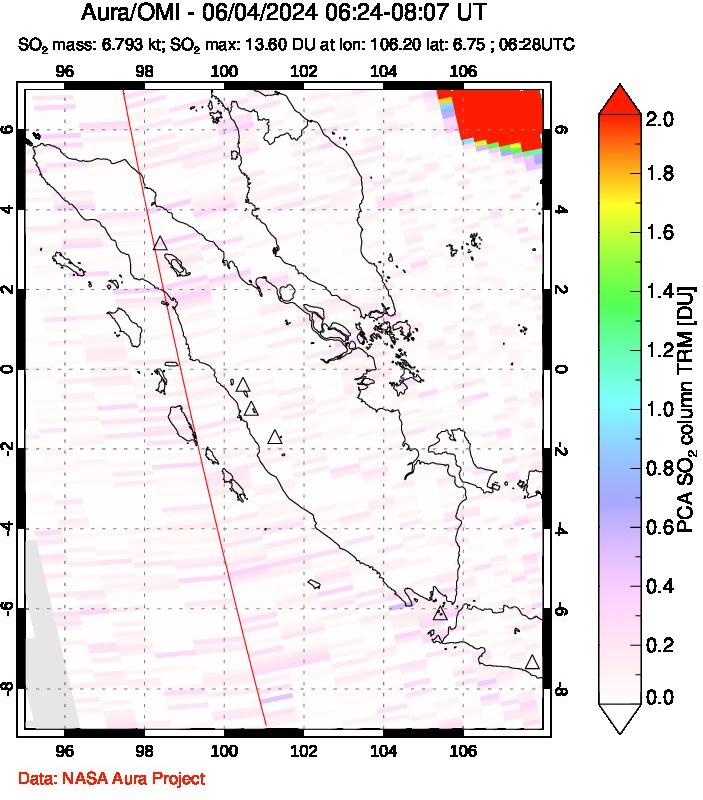 A sulfur dioxide image over Sumatra, Indonesia on Jun 04, 2024.