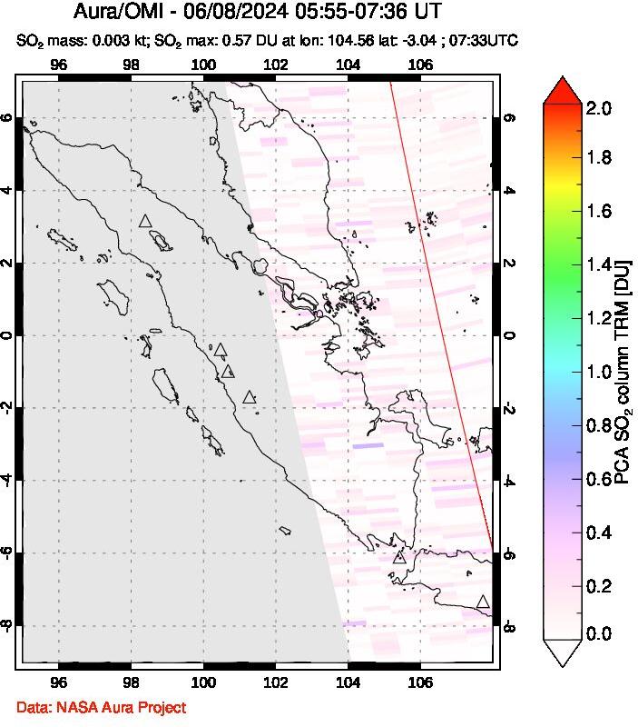 A sulfur dioxide image over Sumatra, Indonesia on Jun 08, 2024.