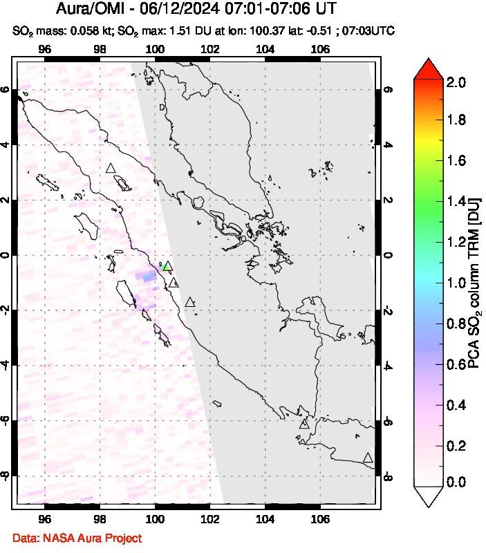 A sulfur dioxide image over Sumatra, Indonesia on Jun 12, 2024.