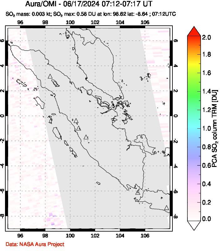 A sulfur dioxide image over Sumatra, Indonesia on Jun 17, 2024.
