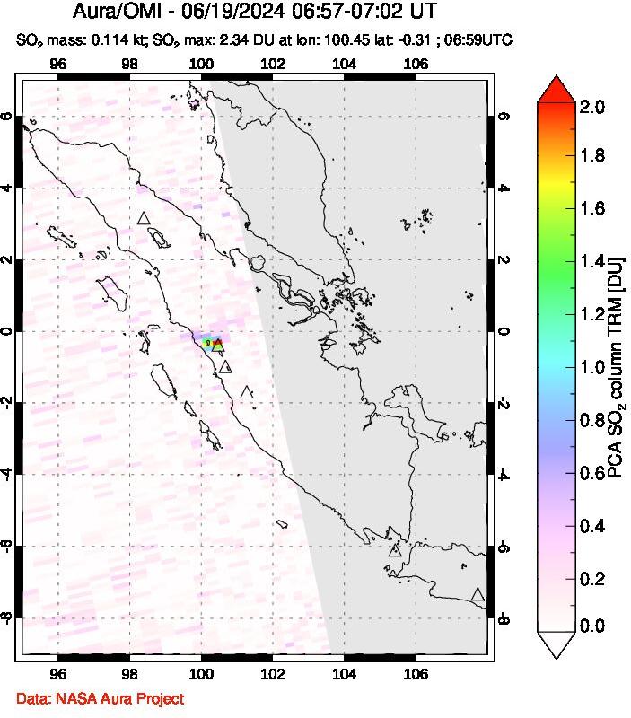 A sulfur dioxide image over Sumatra, Indonesia on Jun 19, 2024.