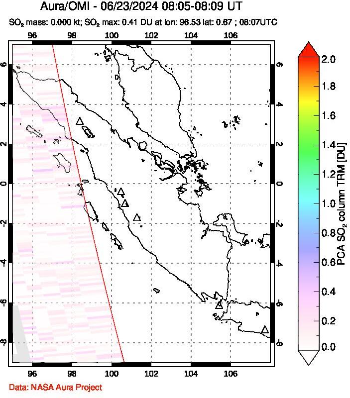 A sulfur dioxide image over Sumatra, Indonesia on Jun 23, 2024.
