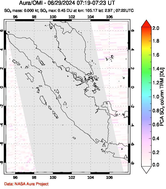 A sulfur dioxide image over Sumatra, Indonesia on Jun 29, 2024.
