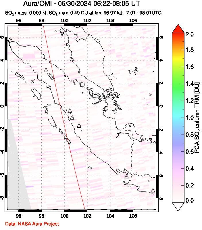 A sulfur dioxide image over Sumatra, Indonesia on Jun 30, 2024.