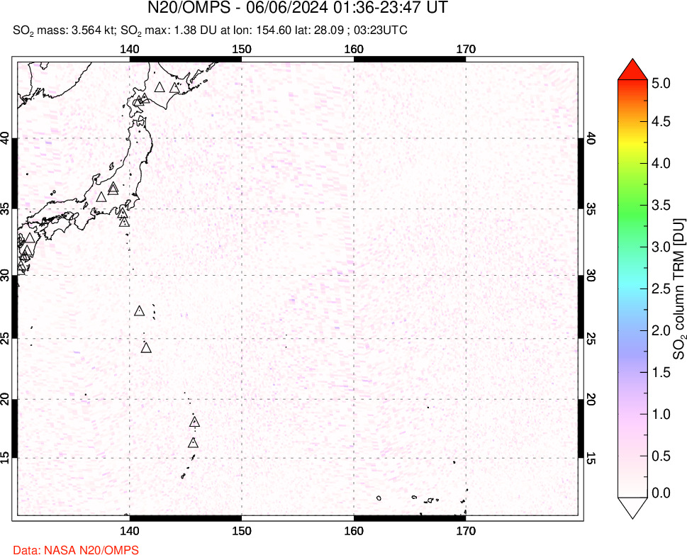 A sulfur dioxide image over Western Pacific on Jun 06, 2024.