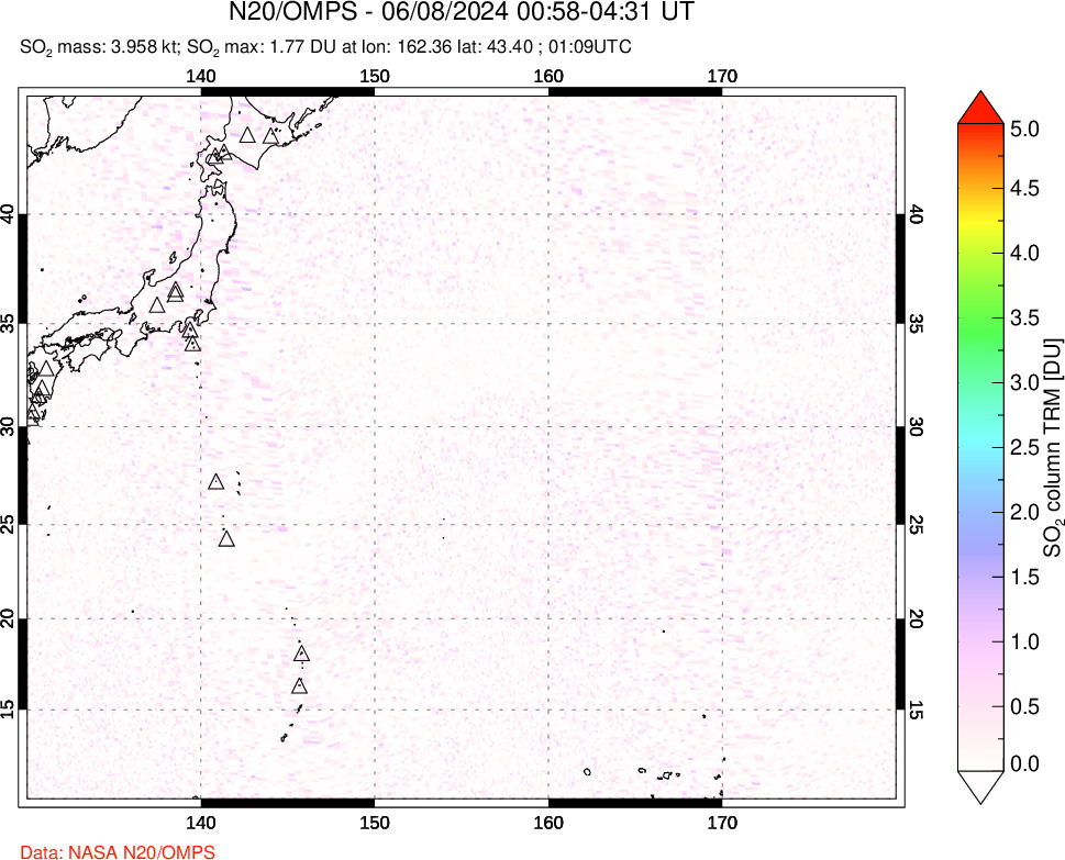 A sulfur dioxide image over Western Pacific on Jun 08, 2024.