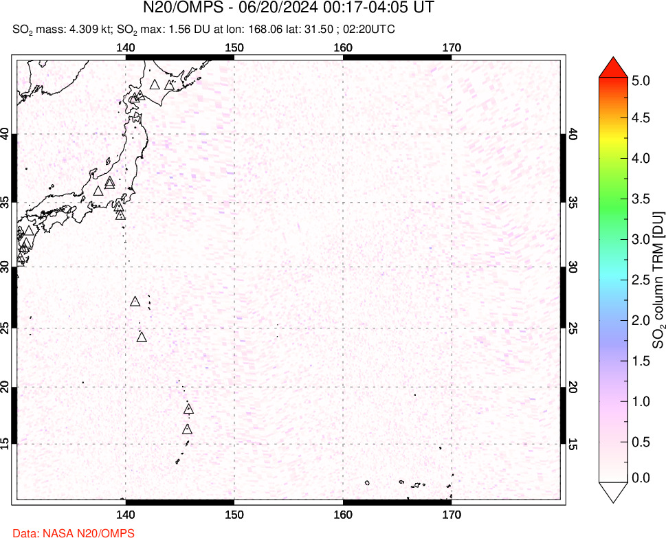 A sulfur dioxide image over Western Pacific on Jun 20, 2024.