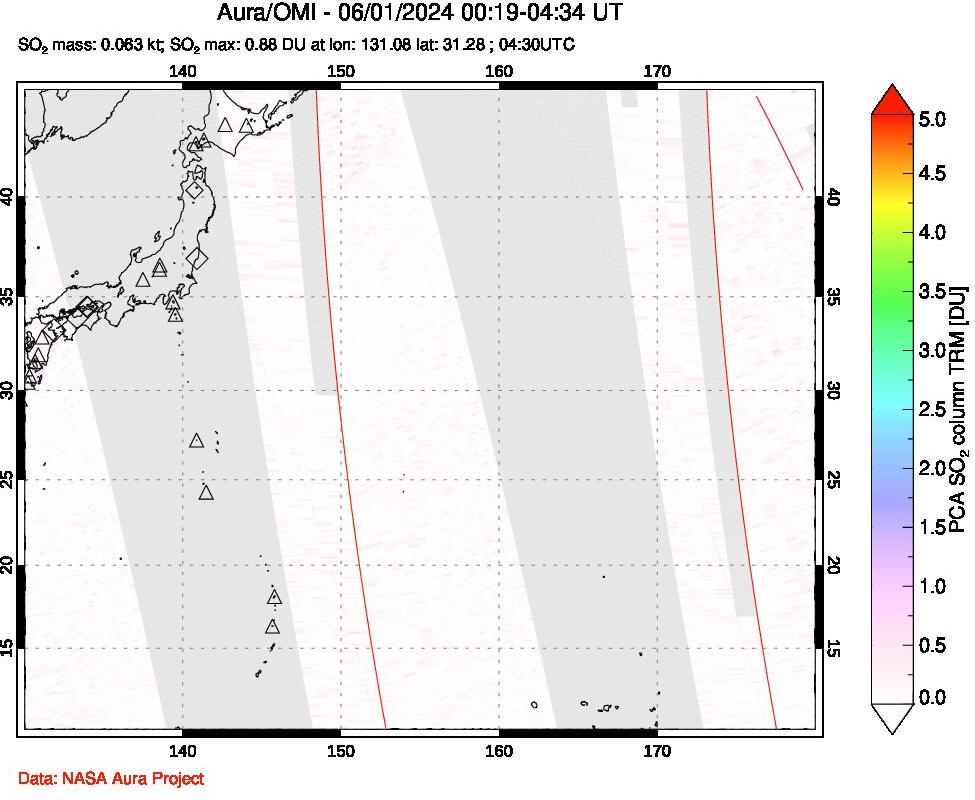 A sulfur dioxide image over Western Pacific on Jun 01, 2024.