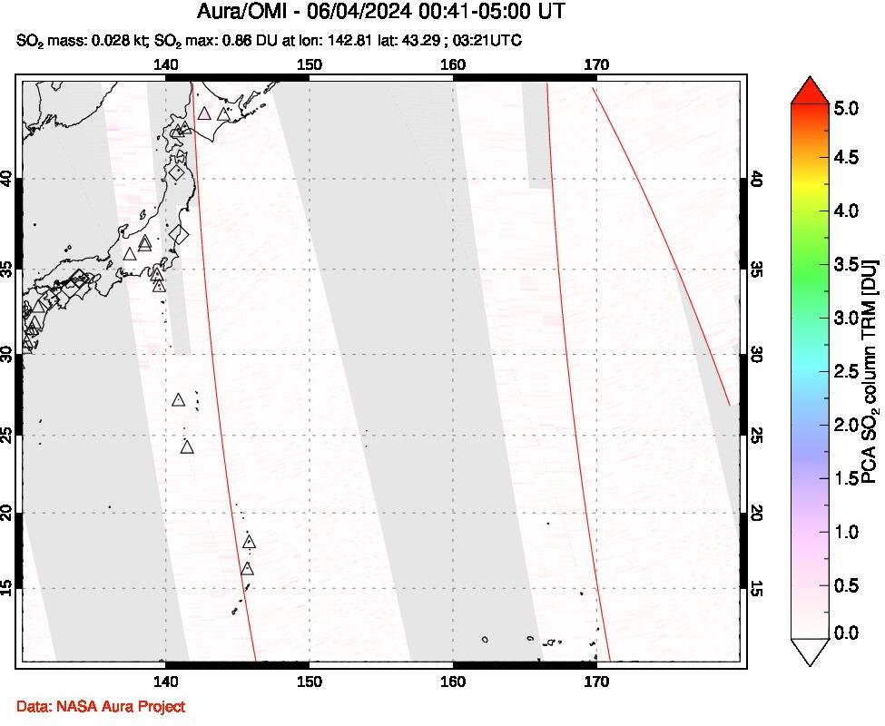 A sulfur dioxide image over Western Pacific on Jun 04, 2024.