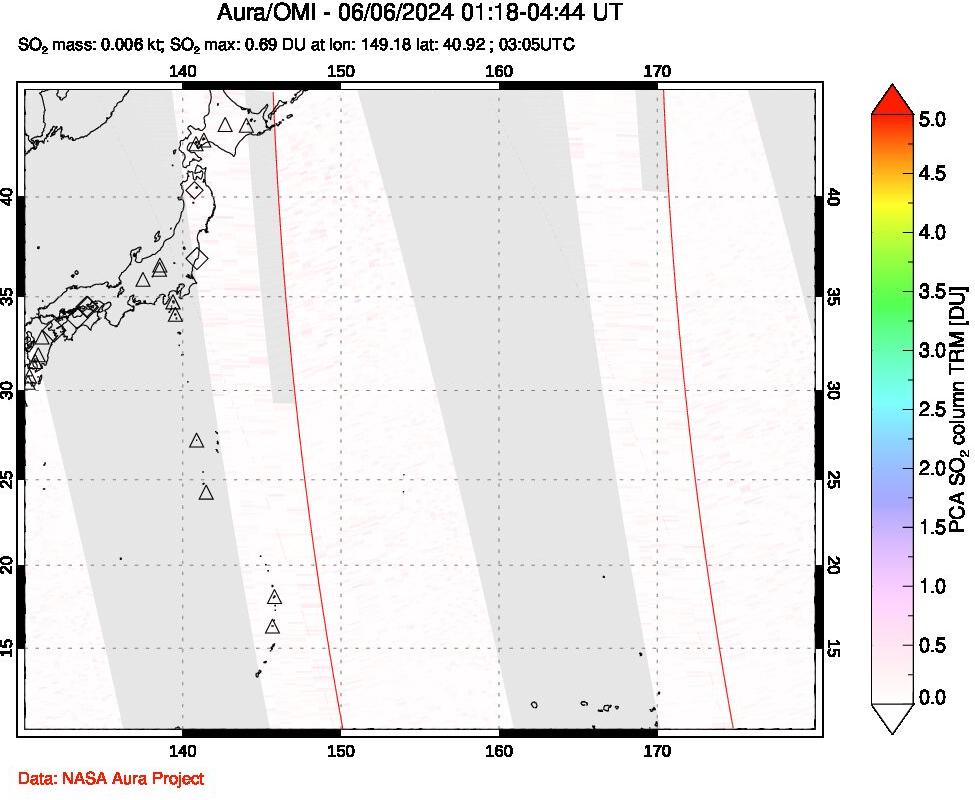 A sulfur dioxide image over Western Pacific on Jun 06, 2024.