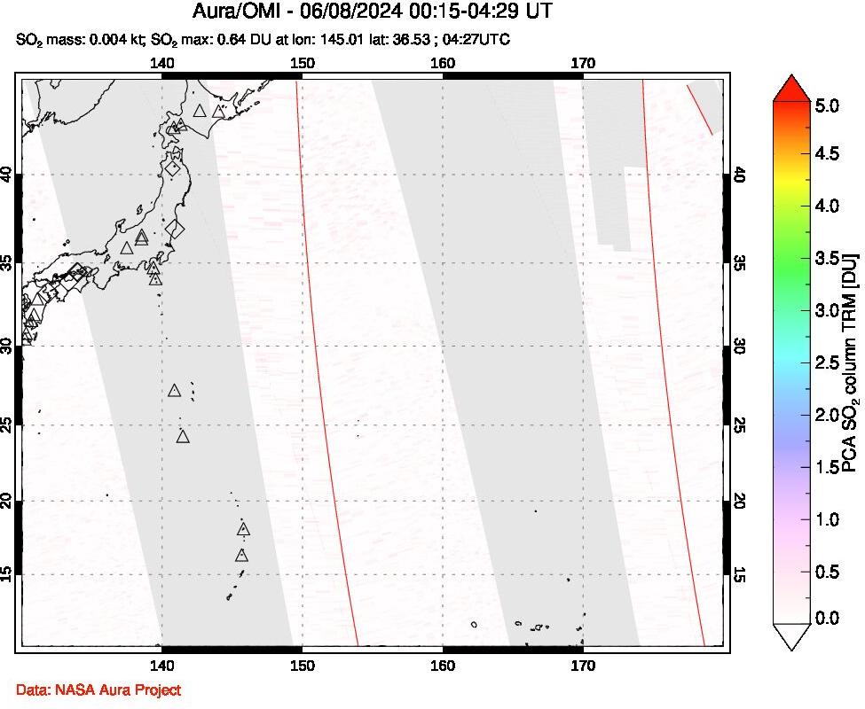 A sulfur dioxide image over Western Pacific on Jun 08, 2024.