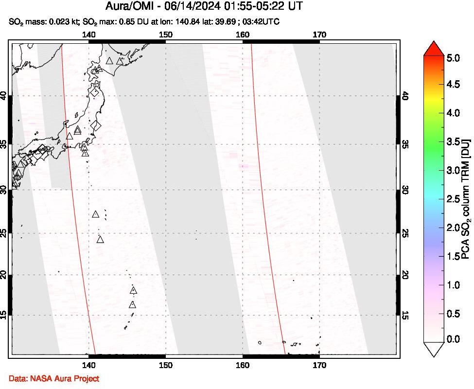 A sulfur dioxide image over Western Pacific on Jun 14, 2024.