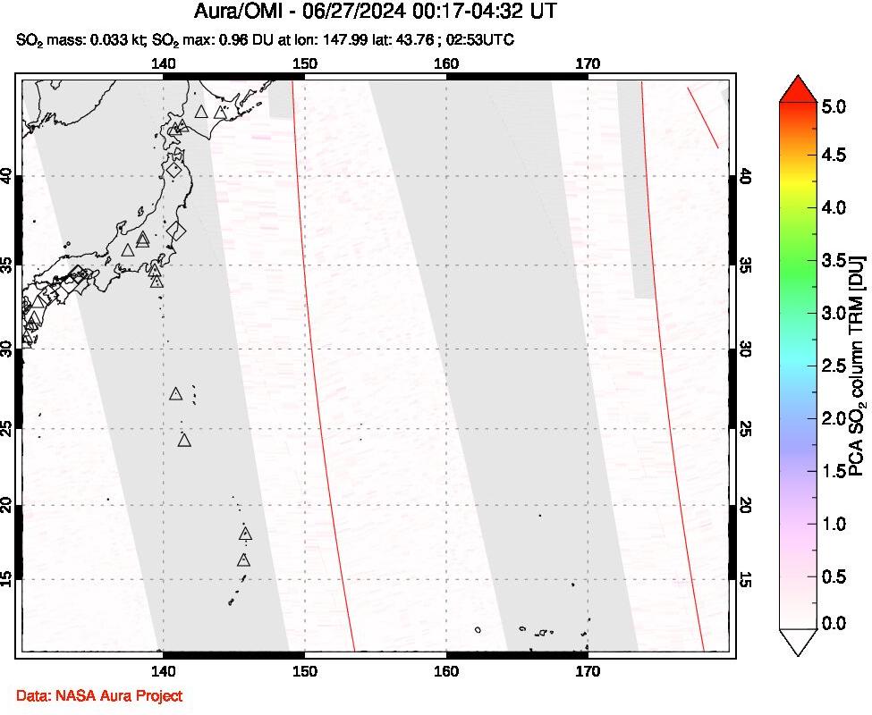 A sulfur dioxide image over Western Pacific on Jun 27, 2024.