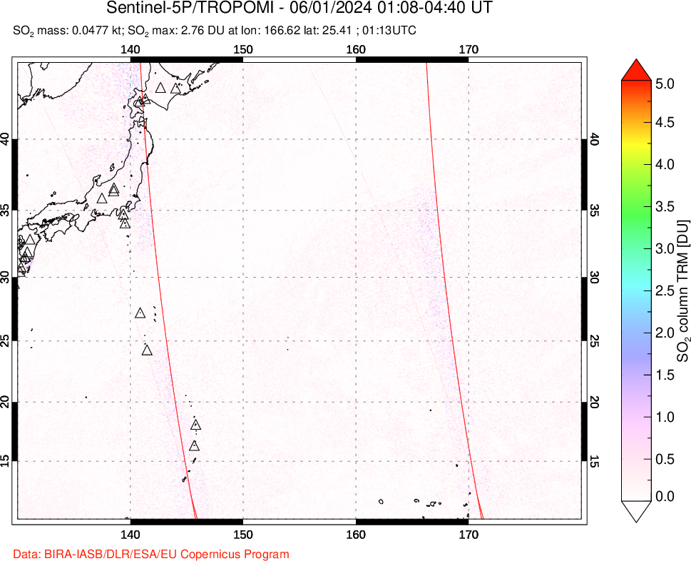 A sulfur dioxide image over Western Pacific on Jun 01, 2024.