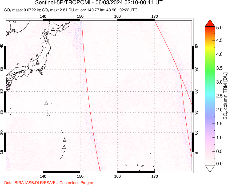 A sulfur dioxide image over Western Pacific on Jun 03, 2024.