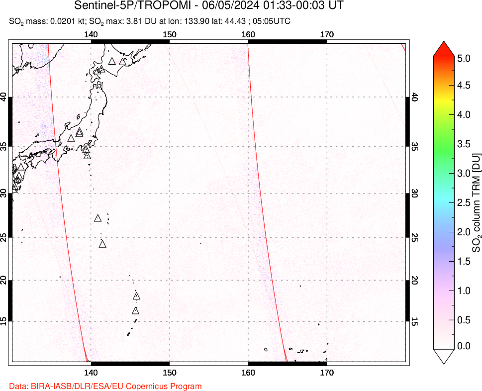 A sulfur dioxide image over Western Pacific on Jun 05, 2024.