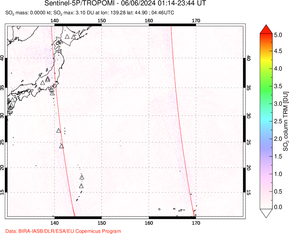 A sulfur dioxide image over Western Pacific on Jun 06, 2024.