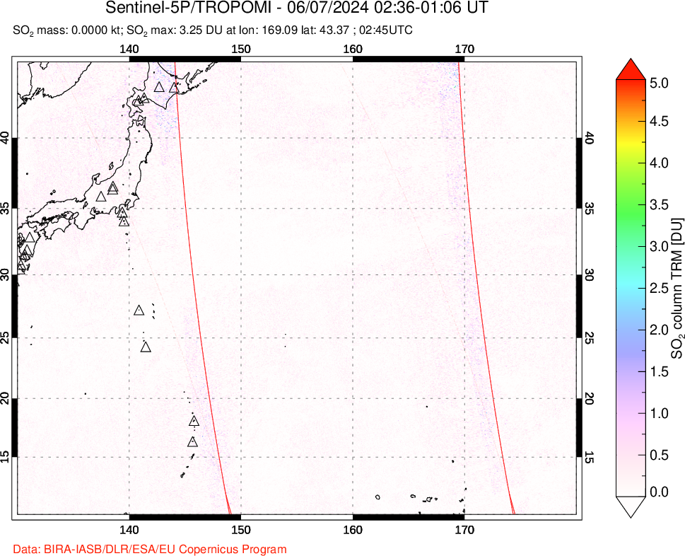 A sulfur dioxide image over Western Pacific on Jun 07, 2024.