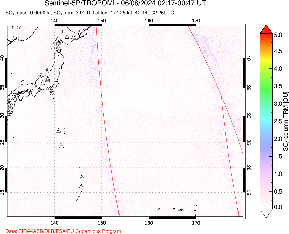 A sulfur dioxide image over Western Pacific on Jun 08, 2024.