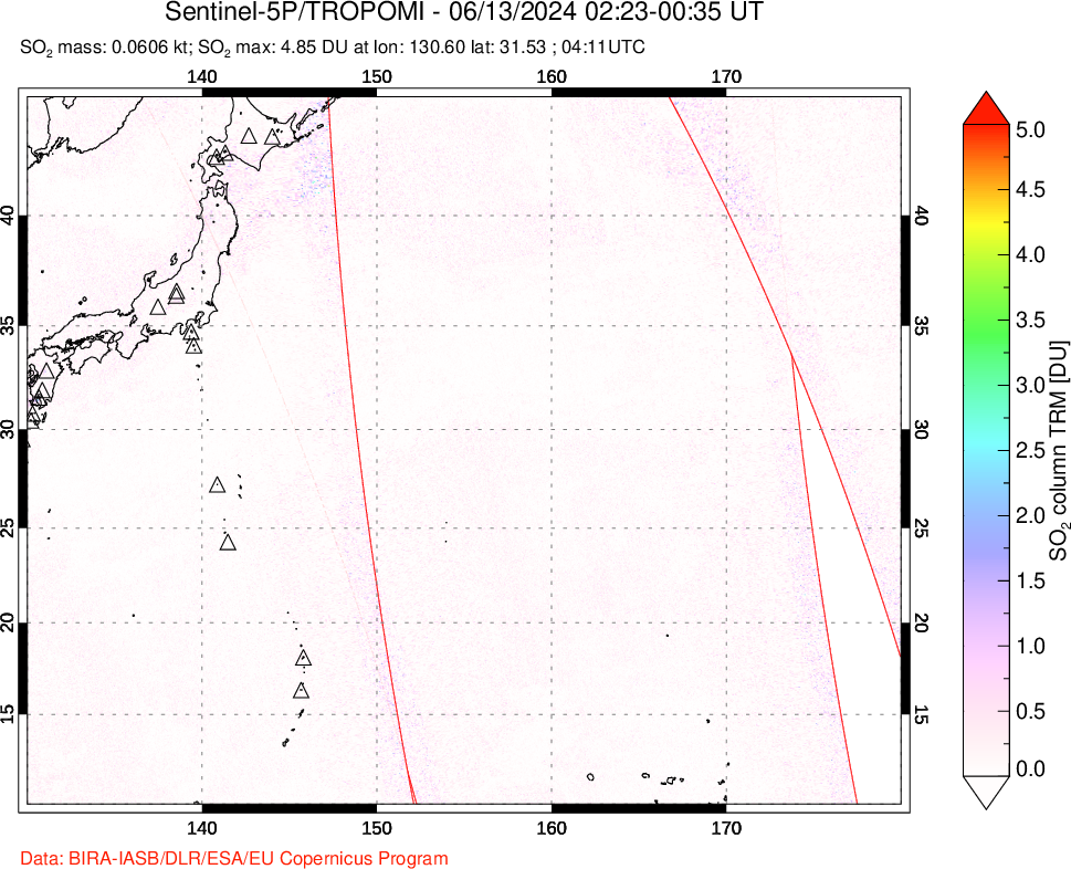 A sulfur dioxide image over Western Pacific on Jun 13, 2024.