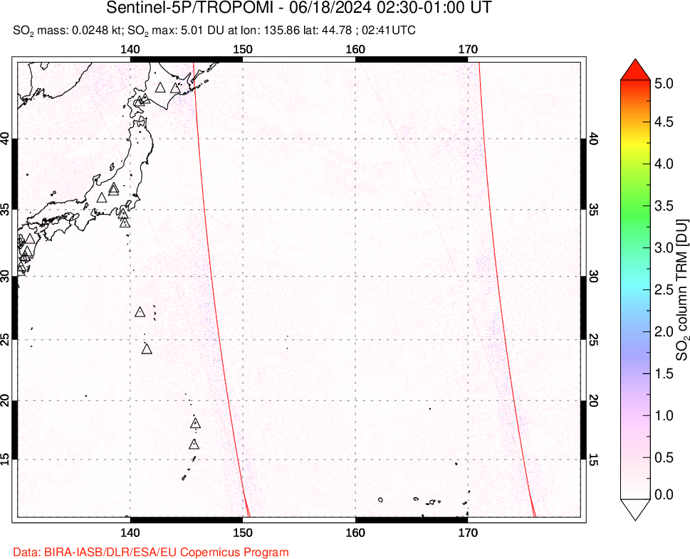 A sulfur dioxide image over Western Pacific on Jun 18, 2024.