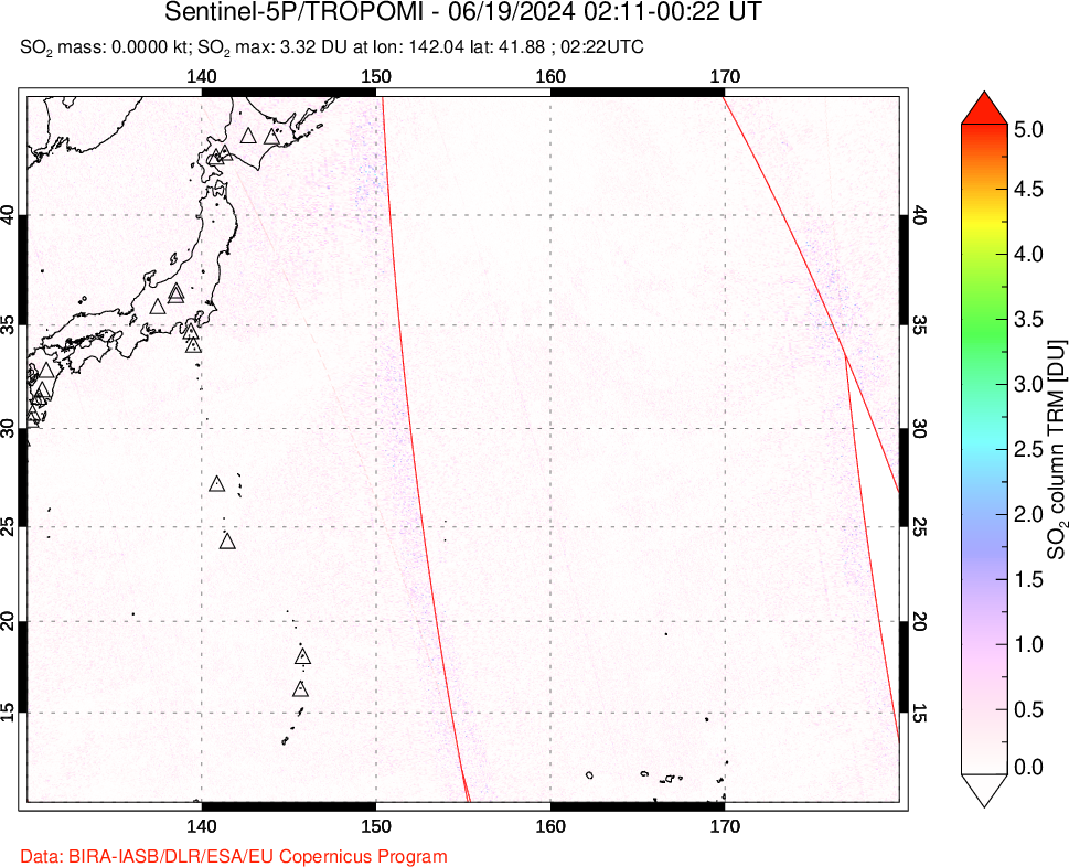 A sulfur dioxide image over Western Pacific on Jun 19, 2024.