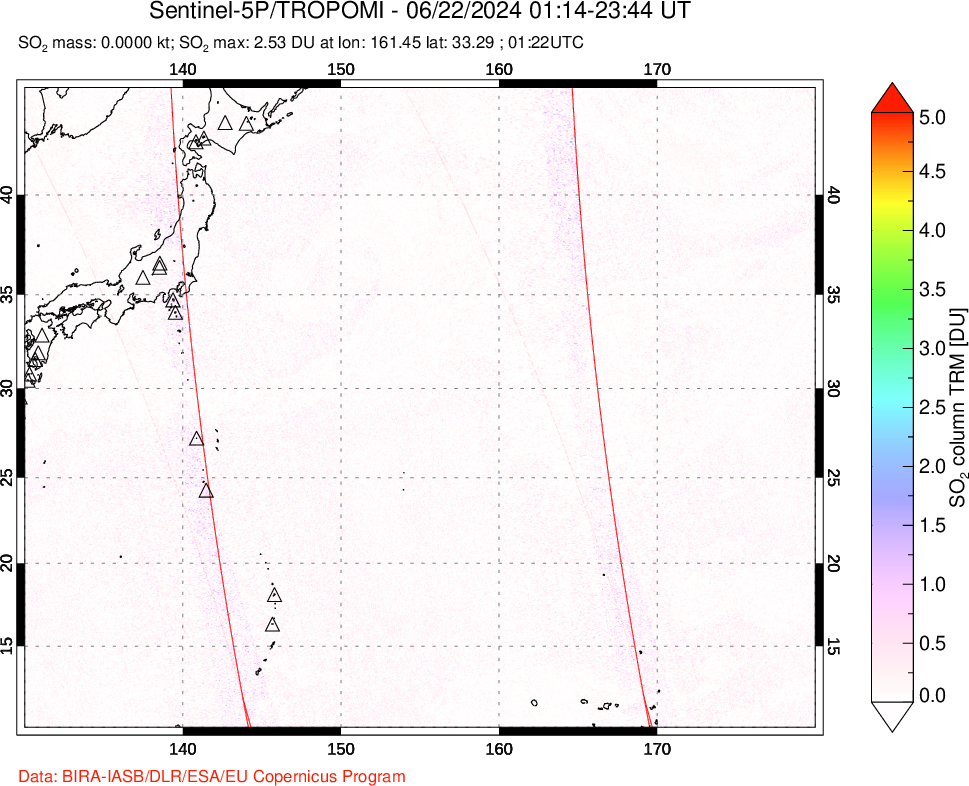 A sulfur dioxide image over Western Pacific on Jun 22, 2024.