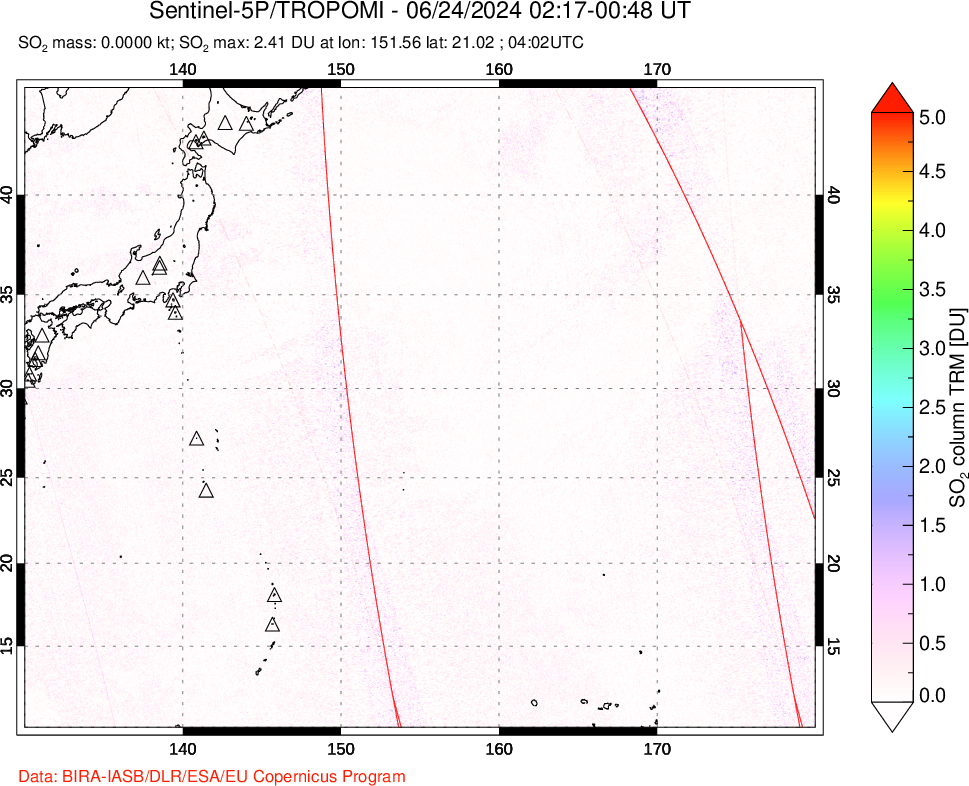 A sulfur dioxide image over Western Pacific on Jun 24, 2024.