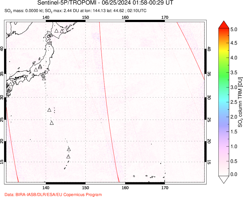 A sulfur dioxide image over Western Pacific on Jun 25, 2024.