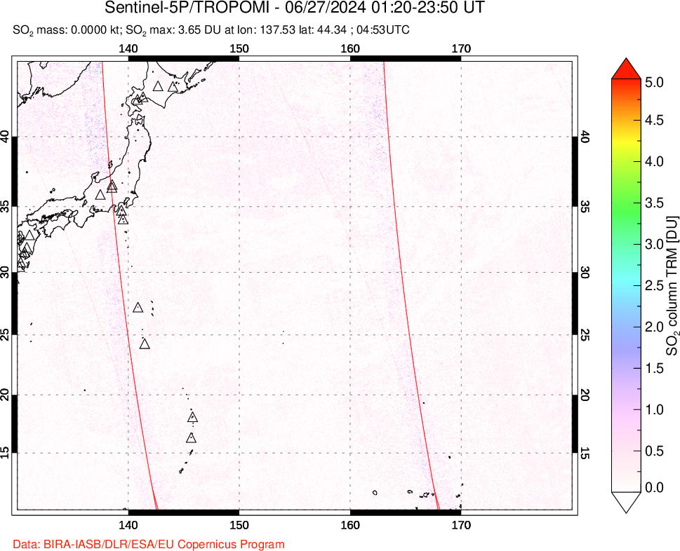 A sulfur dioxide image over Western Pacific on Jun 27, 2024.