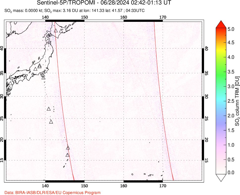 A sulfur dioxide image over Western Pacific on Jun 28, 2024.