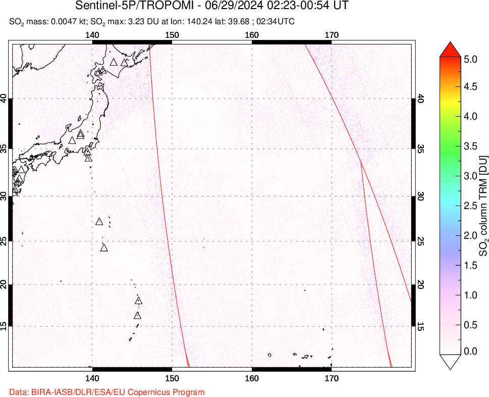 A sulfur dioxide image over Western Pacific on Jun 29, 2024.